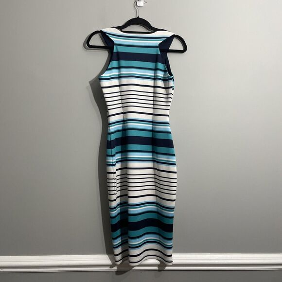 Enfocus Studio Blue Green Striped Dress Front Zip Midi Sleeveless Workwear Sz 6 - Picture 2 of 10